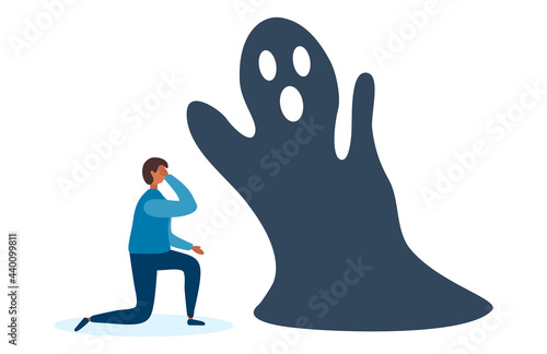Frightened man in the face of fears. Fear prevents you from moving forward. Fears and limitations in the head, in thoughts, in the brain.