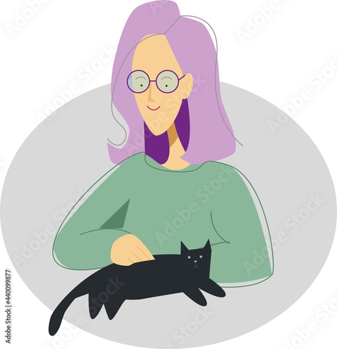 vector flat illustration of woman with black cat. cute pet and lovely owner