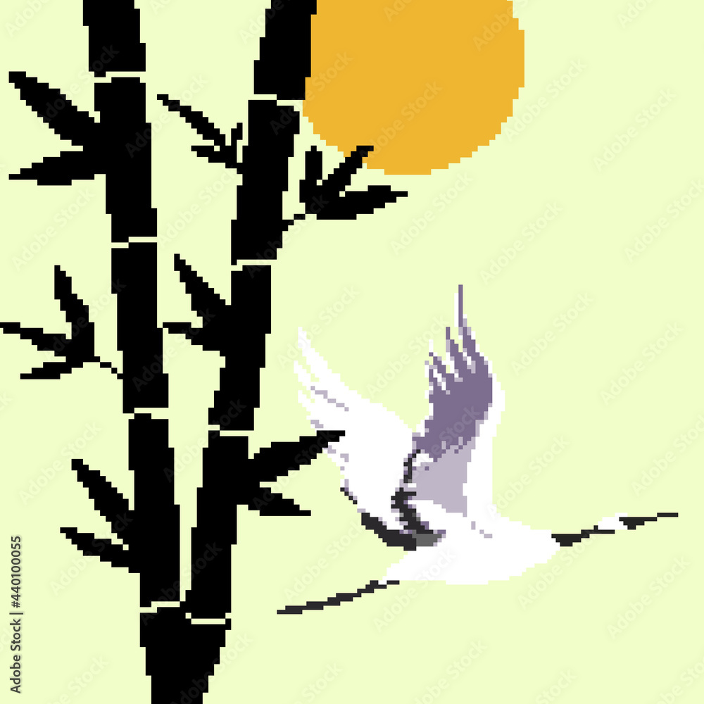 Pixel background. Pixel bamboo, crane and sun. Pixel art 8 bit vector illustration Pixel background. Pixel bamboo, crane and sun. Pixel art 8 bit vector illustration