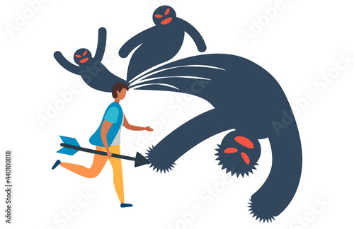 Frightened man in the face of fears. Fear prevents you from moving forward. Fears and limitations in the head, in thoughts, in the brain.