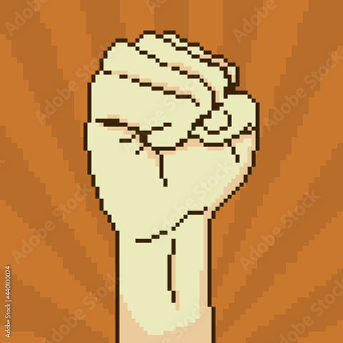 Pixel art demonstration, revolution, protest raised arm fist. Pixel fist. 8 bit. 