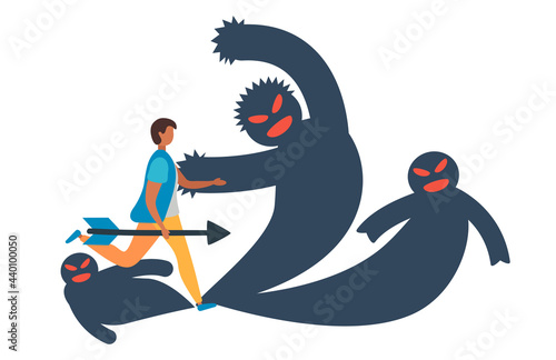 Frightened man in the face of fears. Fear prevents you from moving forward. Fears and limitations in the head, in thoughts, in the brain.