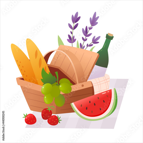 Picnic basket with wine, grapes and french bread. Opened picnic hamper with flowers, towel and blanket for romantic date. Isolated vector illustration