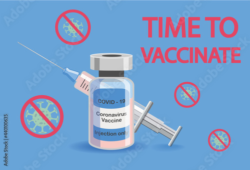 Vaccination concept. Immunization campaign. Vaccination against the vaccine. Health care and security. Syringe and vaccine vial.