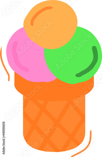 Vector illustration of ice cream balls in a waffle cone of pastel colors
