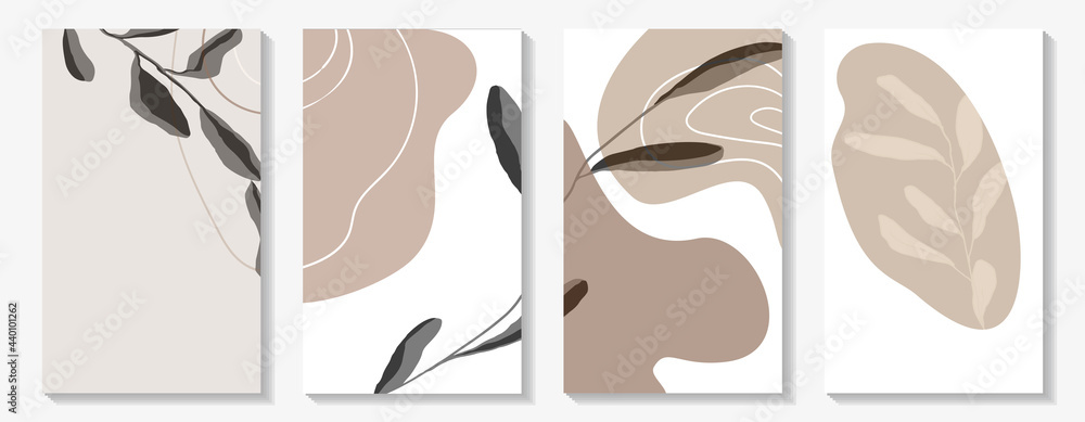 Abstract rectangular backgrounds advertising covers, backgrounds. Banners for big discounts, sales. Gray, beige, white. Flowing lines and floral elements. Uneven spots. Vector illustration. 