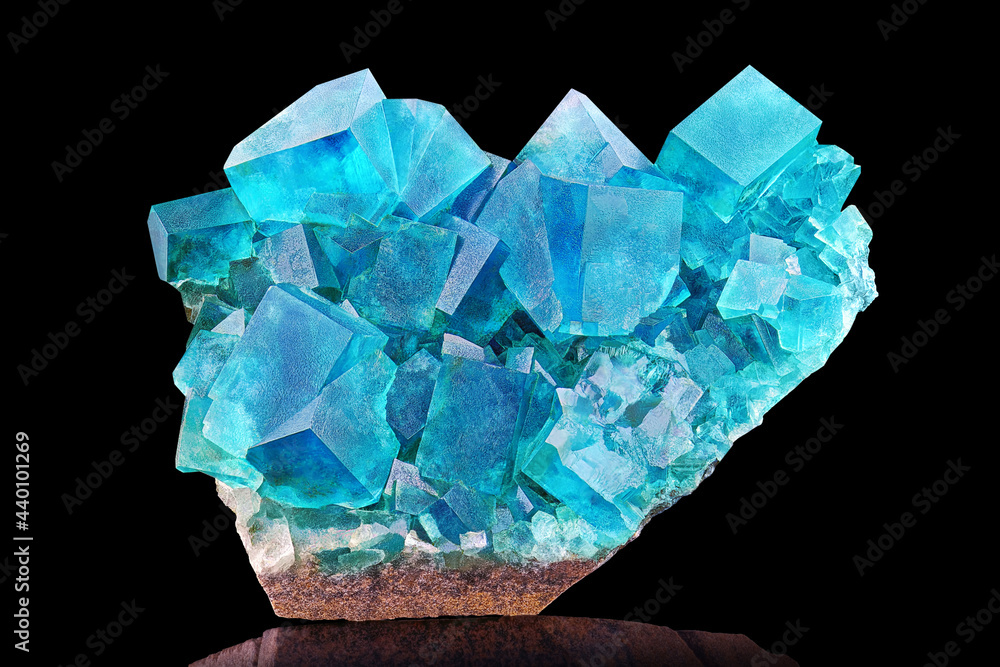 Amazing colorful macro closeup of aqua blue rare fluorite mineral specimen isolated on black background. Natural marine mineral gem stone (fluorspar). Natural cubic texture - Fluorite crystals detail - obrazy, fototapety, plakaty 