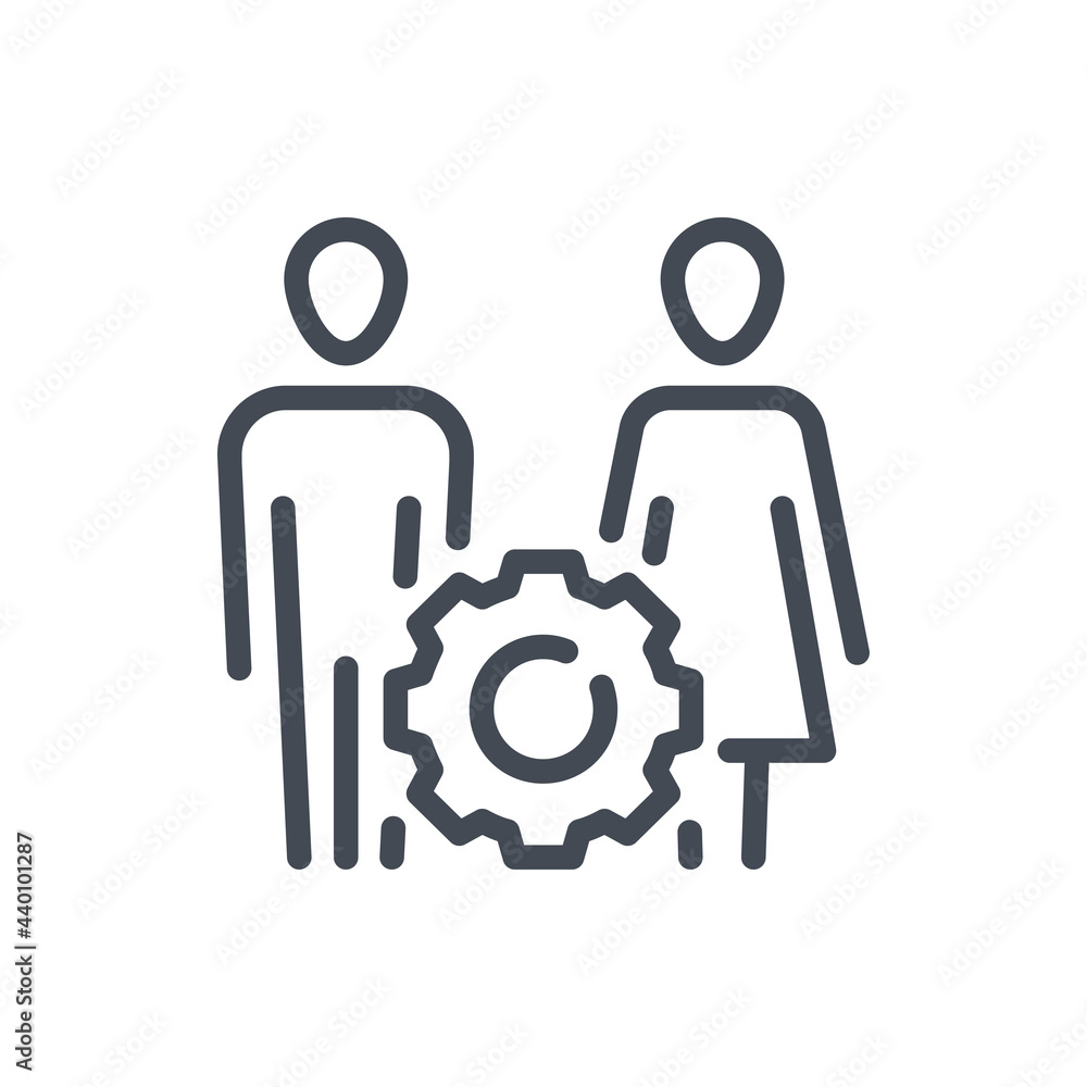Family management and Personal assistance service line icon. Two people, a man and a woman, with gear vector outline sign. Family management and Personal assistance service line icon. Two people, a man and a woman, with gear vector outline sign.