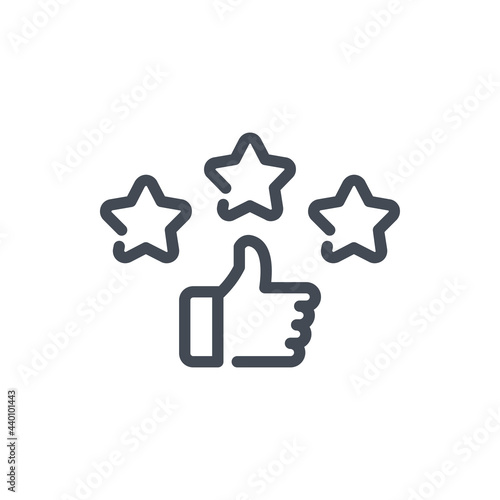 Customer satisfaction and positive feedback line icon. Thumb Up with three stars vector outline sign.