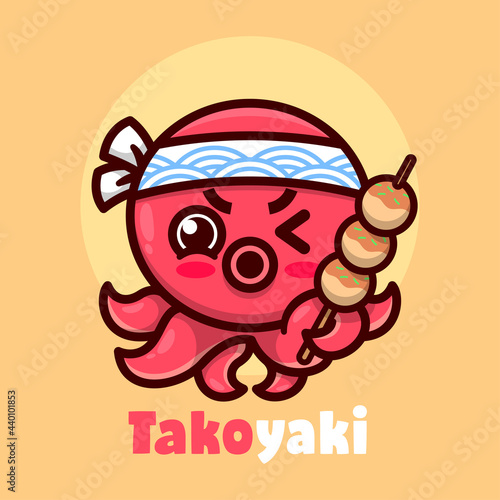 CUTE RED OCTOPUS WEARING WHITE HEADBAND AND BRINGING  TAKOYAKI. HIGH QUALITY CARTOON MASCOT DESIGN.