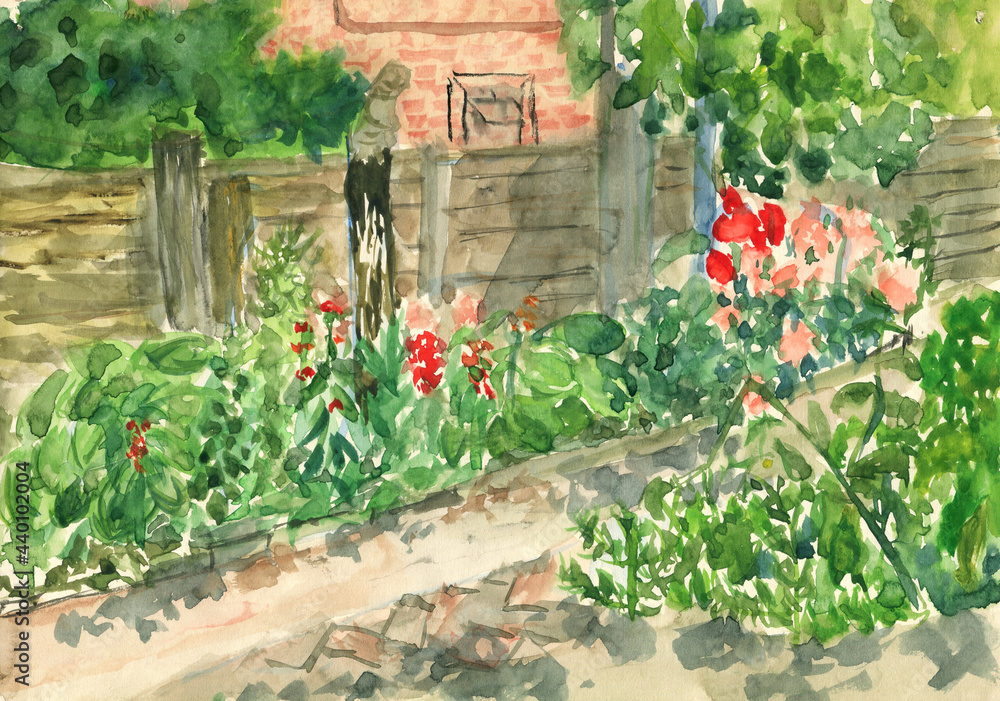 Watercolor image of path walk near village house with flower beds and  trees on summer sunny day