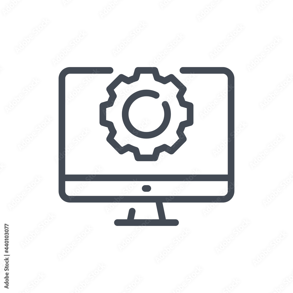 Settings and maintenance line icon. Computer with gear on monitor vector outline sign. Settings and maintenance line icon. Computer with gear on monitor vector outline sign.