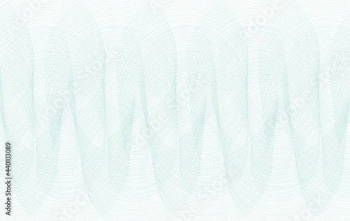 Light teal line art repeated pattern. Watermark design. White background. Vector abstract subtle curves. Guilloche for certificate, cheque, ticket, banknote, coupon, voucher. EPS10 illustration