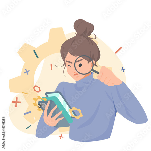 woman character mobile developer working on smartphone concept of application development, coding, programming, Testing, flat vector illustration