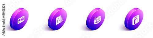 Set Isometric Identification badge, Shopping list and pencil, Canned fish and Fire exit icon. Vector
