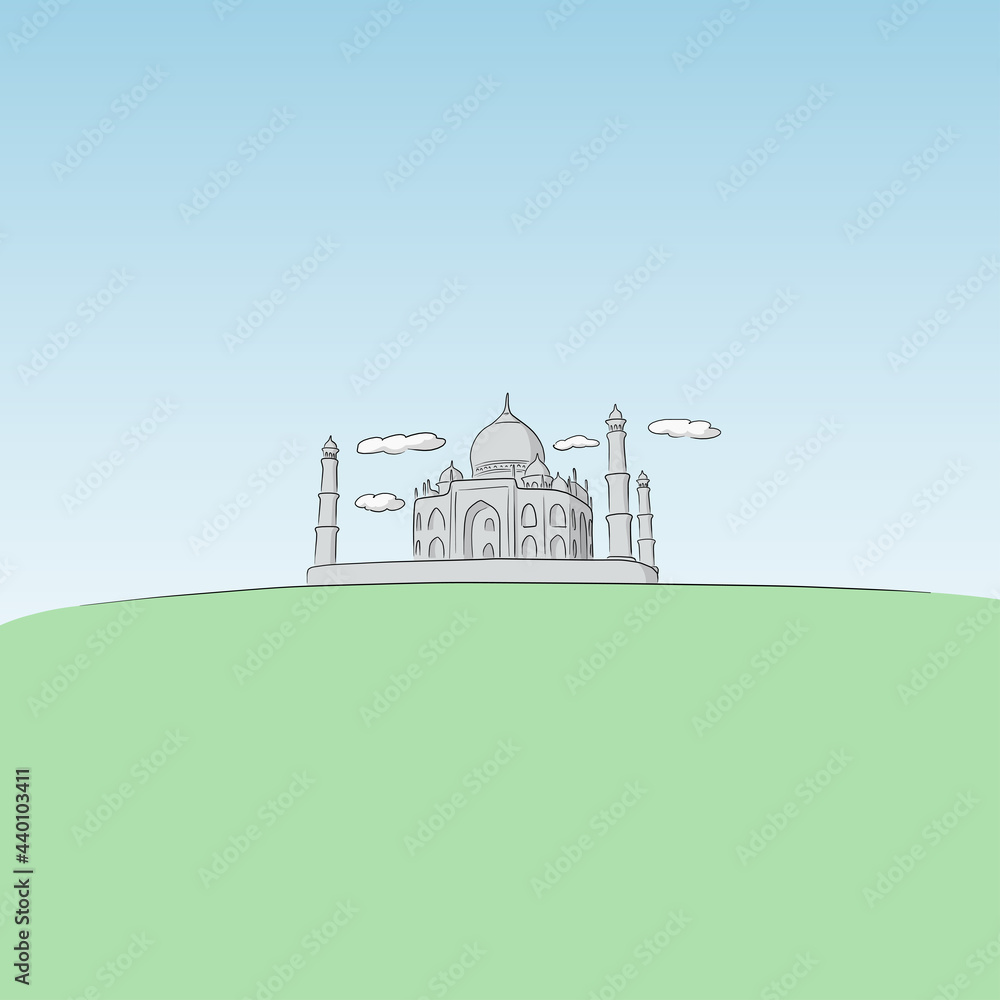 Taj Mahal, India hand drawn with black lines isolated on white background illustration vector.