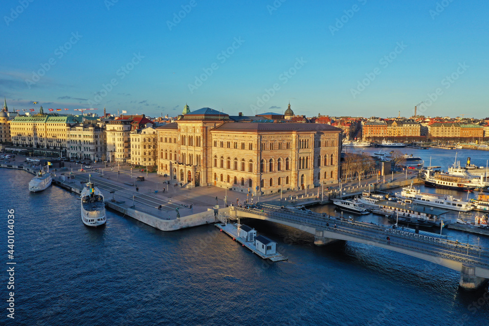 Obraz premium Aerial view of Stockholm old town. Flying over the bay. Amazing drone photo of National Museum 