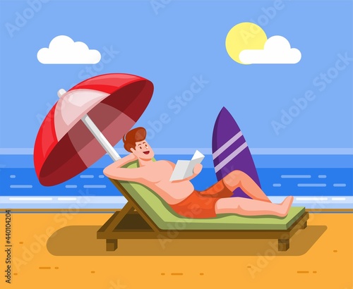 man relax sit in chair sunbathing on beach, summer holiday vacation concept in cartoon illustration vector