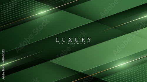 Green on dark shade with elegance golden line elements. Realistic luxury background paper cut style 3d modern concept. Space for paste text. Vector illustration for design.