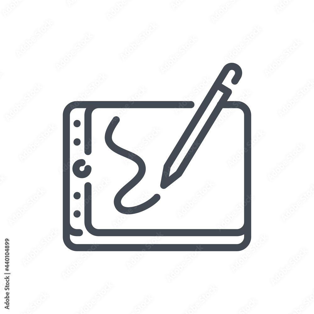 Drawing tablet with digital pencil line icon. Designer graphic board vector outline sign. Drawing tablet with digital pencil line icon. Designer graphic board vector outline sign.