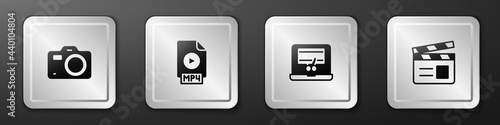 Set Photo camera, MP4 file document, Video recorder on laptop and Movie clapper icon. Silver square button. Vector