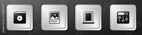 Set Online play video, Photo frame, Makeup mirror with lights and Sound mixer controller icon. Silver square button. Vector
