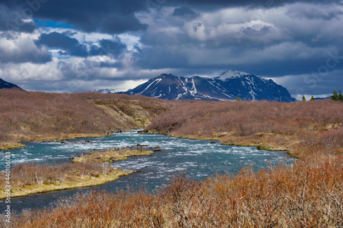 Bruarfoss river and snow covered mountains in Iceland