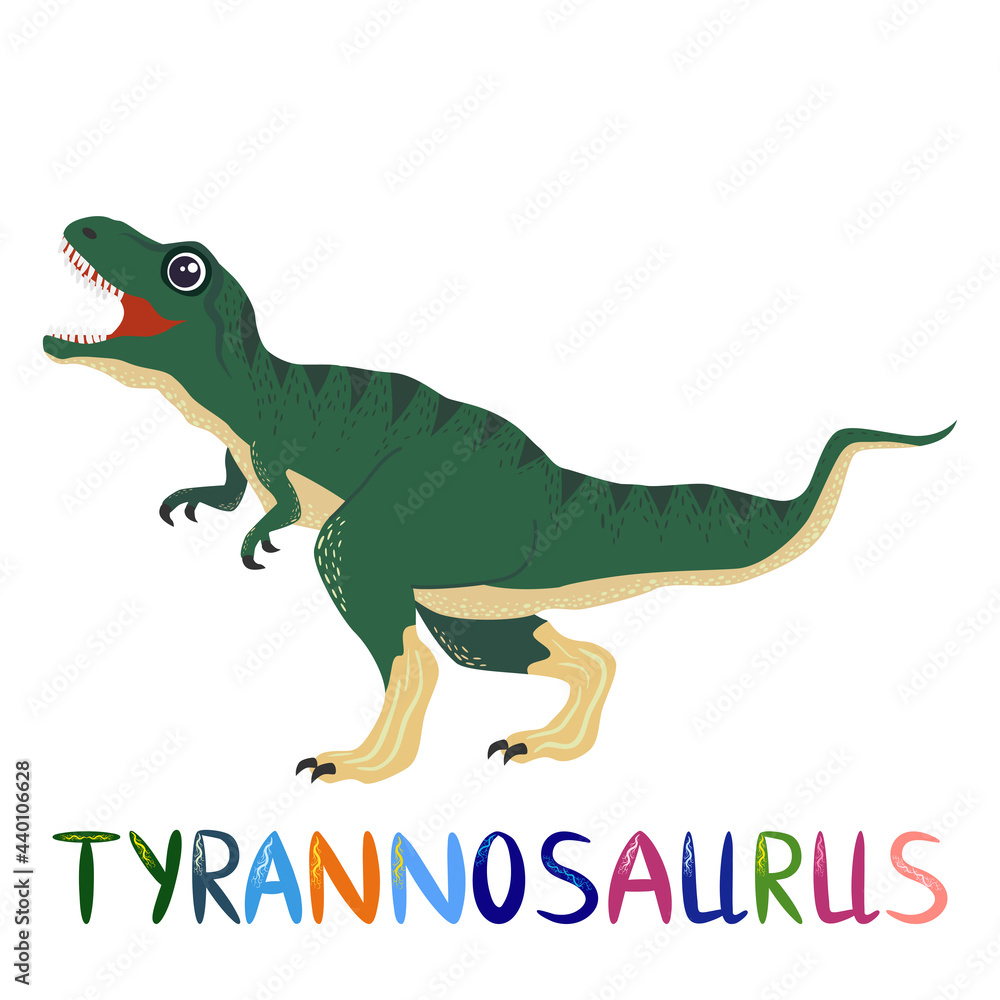 Obraz premium Tyrannosaurus green, prehistoric dinosaurs collection. Ancient animals. Hand drawn. In a frame of flowers and leaves.