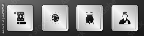 Set Magic scroll, stone, Witch cauldron and Wizard warlock icon. Silver square button. Vector
