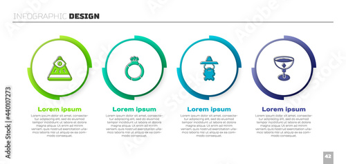 Set Masons, Magic stone ring with gem, Wizard warlock and Medieval goblet. Business infographic template. Vector