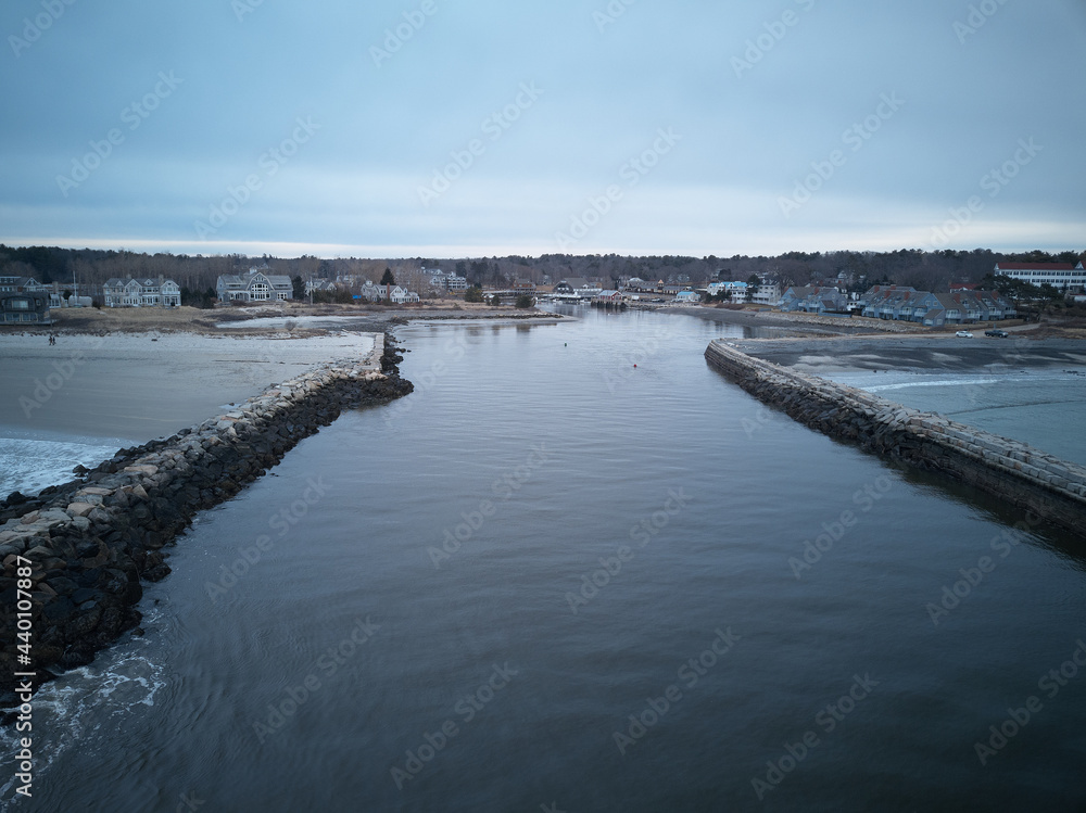 Entrance channel between two Jetties and piers in Kennebunk Maine
