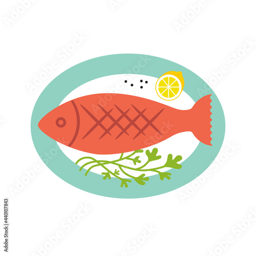 Whole fish on oval plate grilled or fried with fresh herbs and lemon. Vector flat illustration isolated on white.