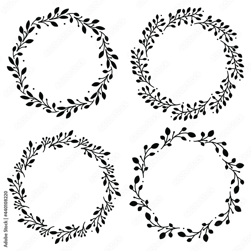 Set of 4 hand drawn spring wreaths isolated on white background, vector. Silhouette circle of leaves. Doodle style.Collection of floral frames. Set of 4 hand drawn spring wreaths isolated on white background, vector. Silhouette circle of leaves. Doodle style.Collection of floral frames.