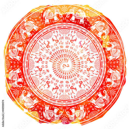 Warli painting - hand drawn traditional the ancient tribal art India. Pictorial language is matched by a rudimentary technique depicting rural life of the inhabitants of India