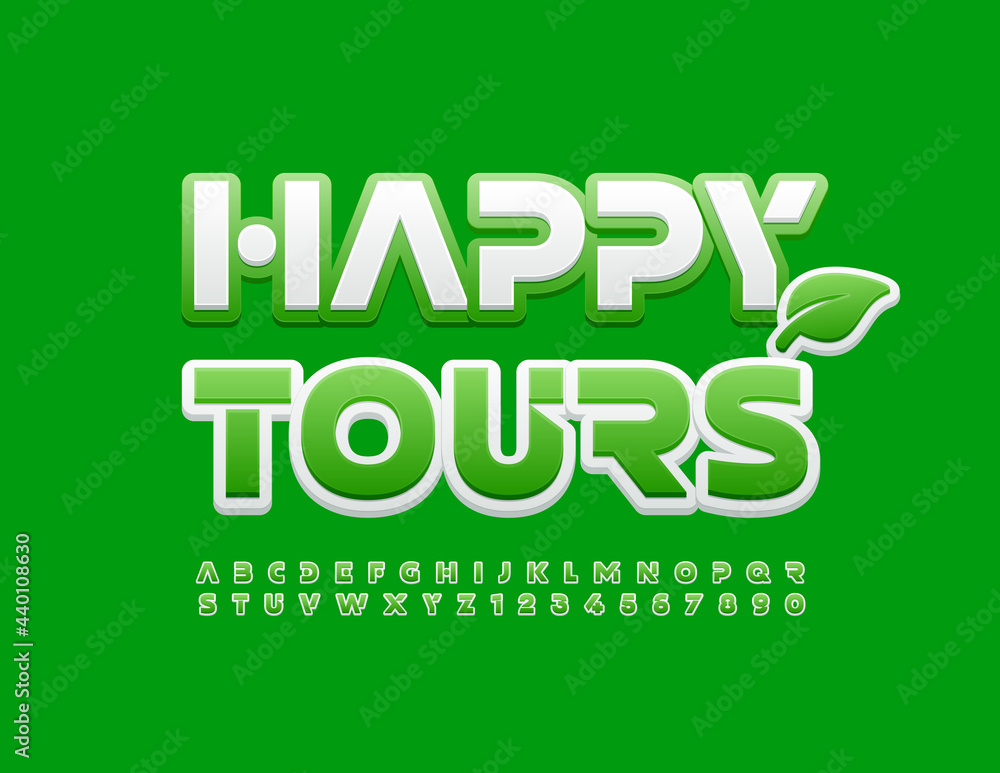 Naklejka premium Vector poster Happy Tours with Decorative Leaf. Creative modern Font. Green and White Alphabet Letters and Numbers set
