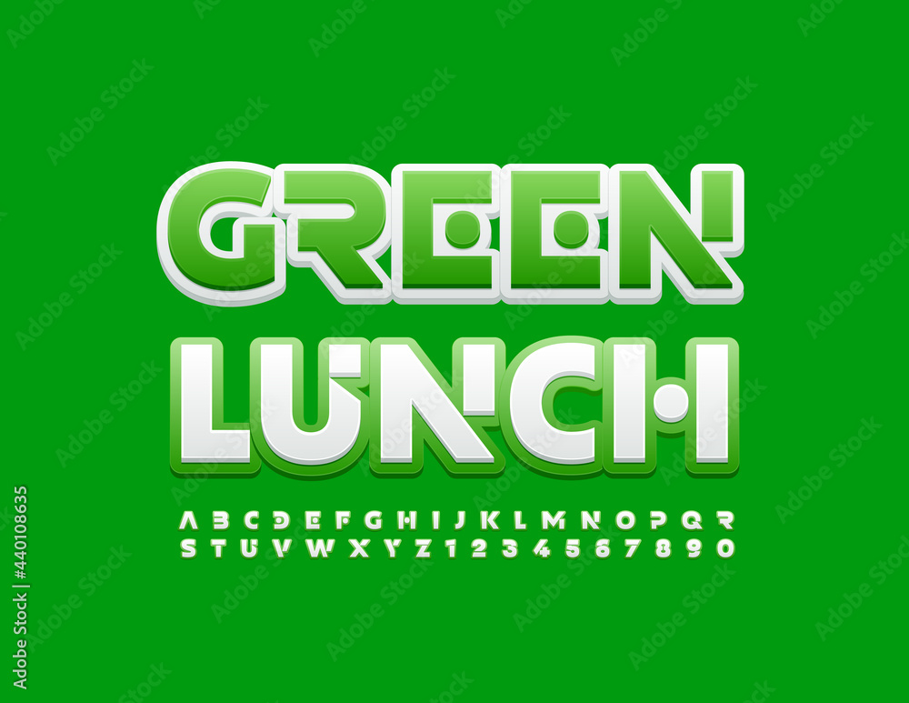 Vector healthy sign Green Lunch with Modern Alphabet Letters and Numbers set. Bright creative Font Vector healthy sign Green Lunch with Modern Alphabet Letters and Numbers set. Bright creative Font