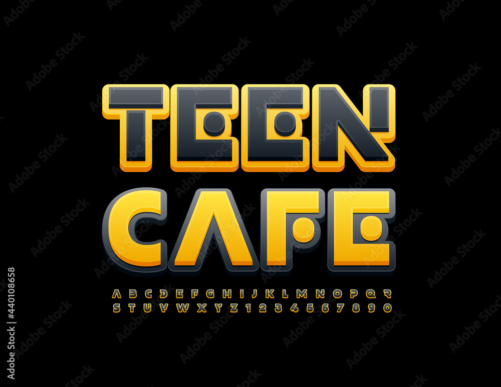 Vector trendy logo Teen Cafe. Black and Yellow artistic Font. Modern Alphabet Letters and Numbers set