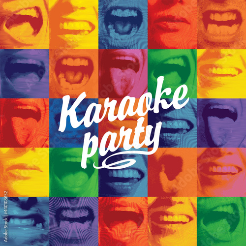 Vector music poster for karaoke party. Creative illustration with a calligraphic inscription on a bright collage background with colored square fragments that depict singing human mouths.