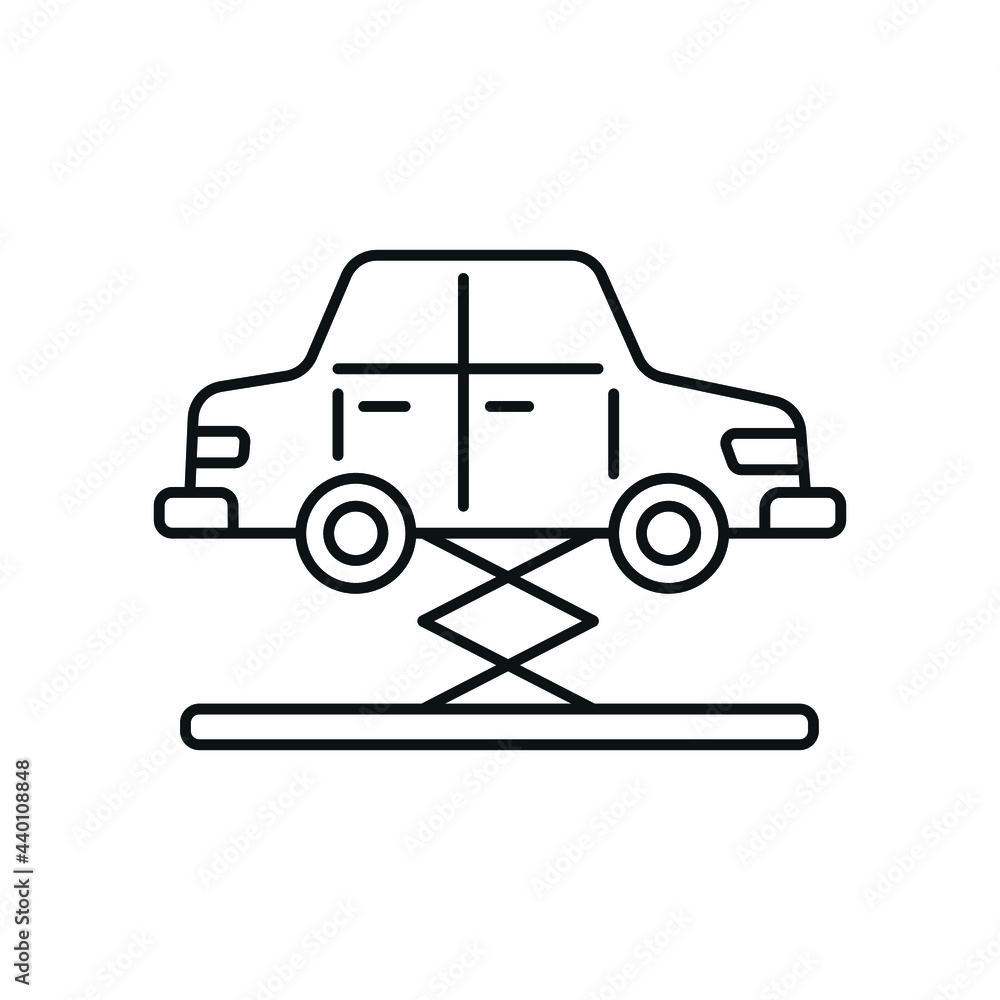 Vehicle and jack linear icon. Car service. Thin line customizable illustration. Contour symbol. Vector isolated outline drawing. Editable stroke