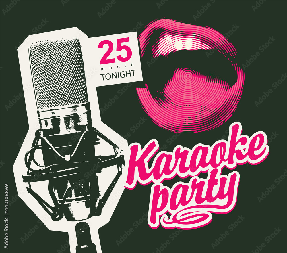 Vector music poster for karaoke party with a studio microphone, a singing mouth and a pink calligraphic inscription on a black background. Suitable for advertising poster, banner, flyer, invitation - obrazy, fototapety, plakaty 