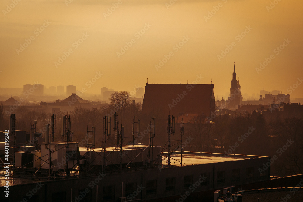 foggy morning streets of the city of Poznan in Poland