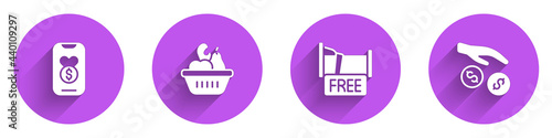 Set Donation and charity, food box, Free overnight stay house and icon with long shadow. Vector