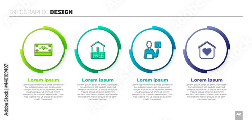 Set Donation and charity, Free home delivery, Teacher and Shelter for homeless. Business infographic template. Vector