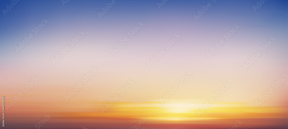 Sunrise in Morning with Orange,Yellow,Pink and blue Sky,Backdrop Dramatic twilight landscape with Sunset in evening,Vector mesh horizon Sky banner of Sunset or sunlight for four seasons background