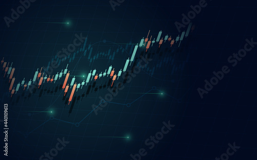 Abstract financial graph with up trend line candlestick chart in stock market on blue color background