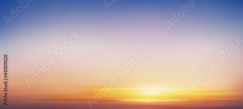 Sunrise in Morning with Orange,Yellow,Pink and blue Sky,Backdrop Dramatic twilight landscape with Sunset in evening,Vector mesh horizon Sky banner of Sunset or sunlight for four seasons background