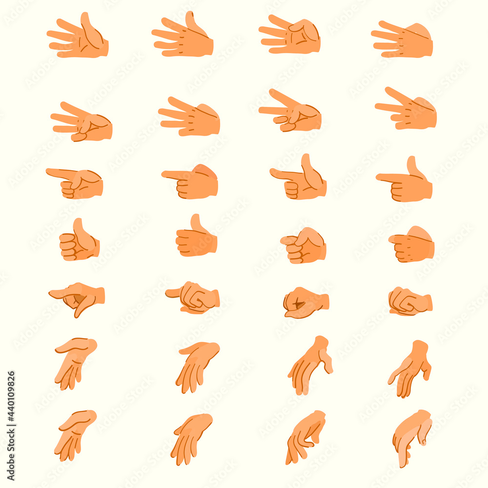 Hand animation. Hands in different positions. Key frames of the hands. A set of hands for character animation.