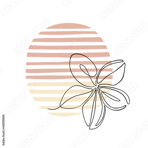 Vector illustration of a plumeria flower on a sunset or dawn background, linear art. Boho style with spots of warm shades