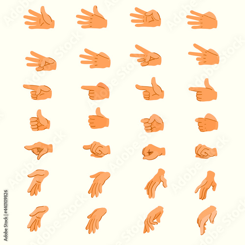 Hand animation. Hands in different positions. Key frames of the hands. A set of hands for character animation.