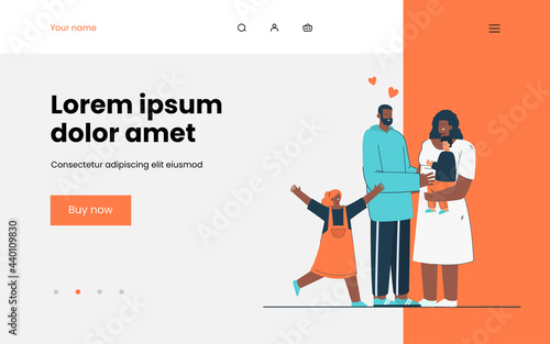 Family welcoming foster child. Black woman holding white boy. Everyone happy and loving. Girl jumping joyfully. Foster parenting concept for banner, website design or landing web page
